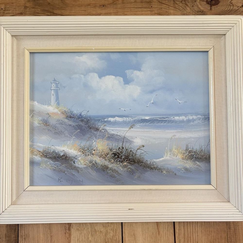 VTG Oil Painting Seaside Nautical Ocean Lighthouse Beach Seagulls 17X21 R Taylon